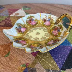 Fragonard Love Story Vintage Porcelian Leaf Shaped 24K Gold Trinket Dish